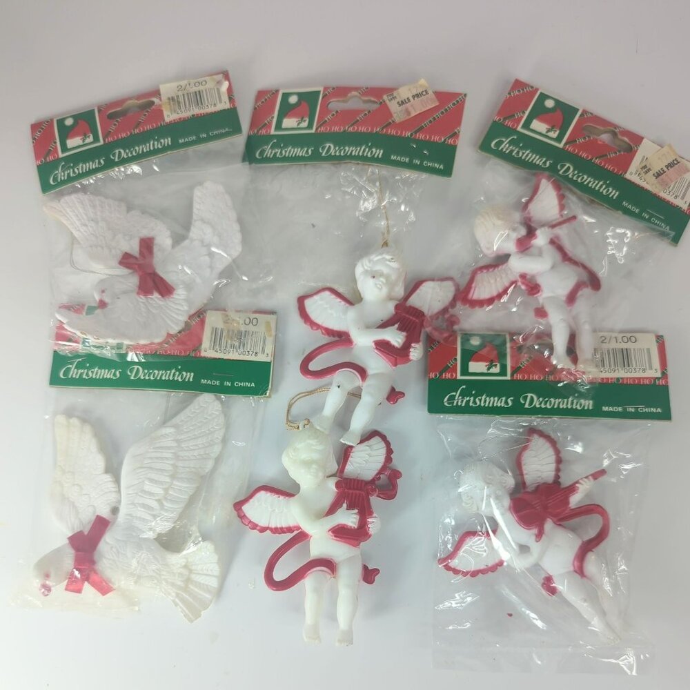 Vintage Christmas Angel Dove Red White Plastic Ornaments Set